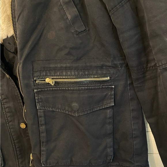 TOP SHOP Women Black Cotton Hooded Parka Jacket Sz 14 Faux Fur Lined Gold Zipper - Picture 6 of 13